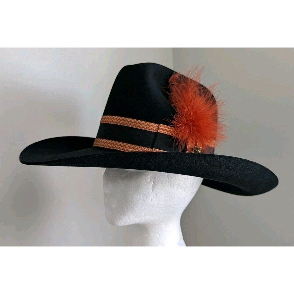 Vtg 70s 80s Resistol Cowboy Hat Stagecoach 6 7/8 Tall Feather Pin Black Western